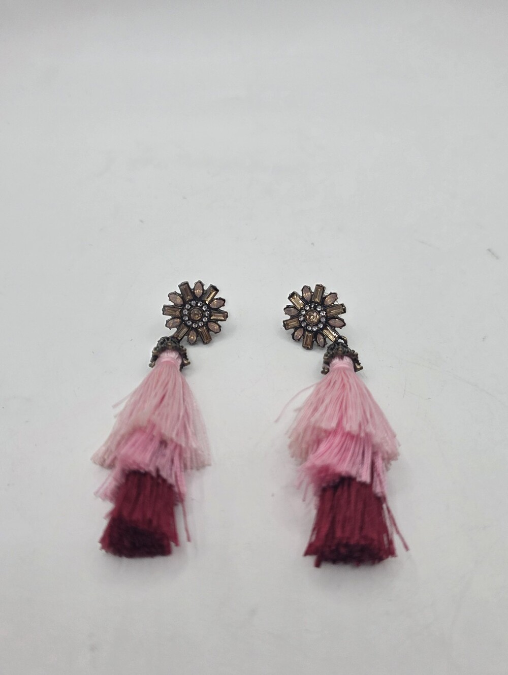 ​Vintage 1980s Tiered Tassel Statement Earrings Pink Rhinestone Starburst Flower